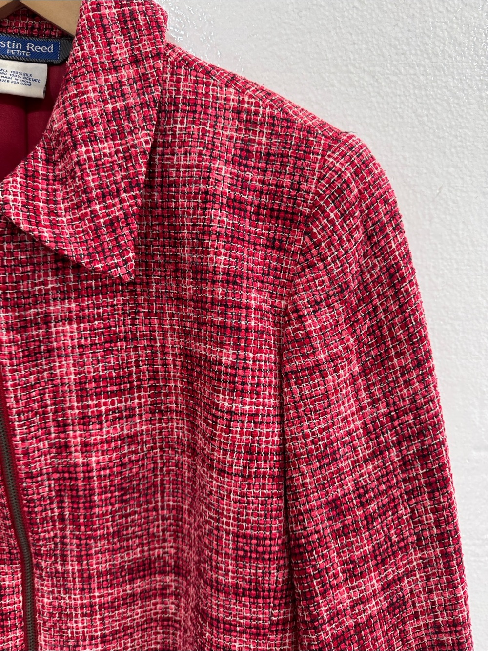 Austin Reed Petite 100% Silk Tweed Zip Jacket Red Pink Textured Blazer 10P - Picture 5 of 14